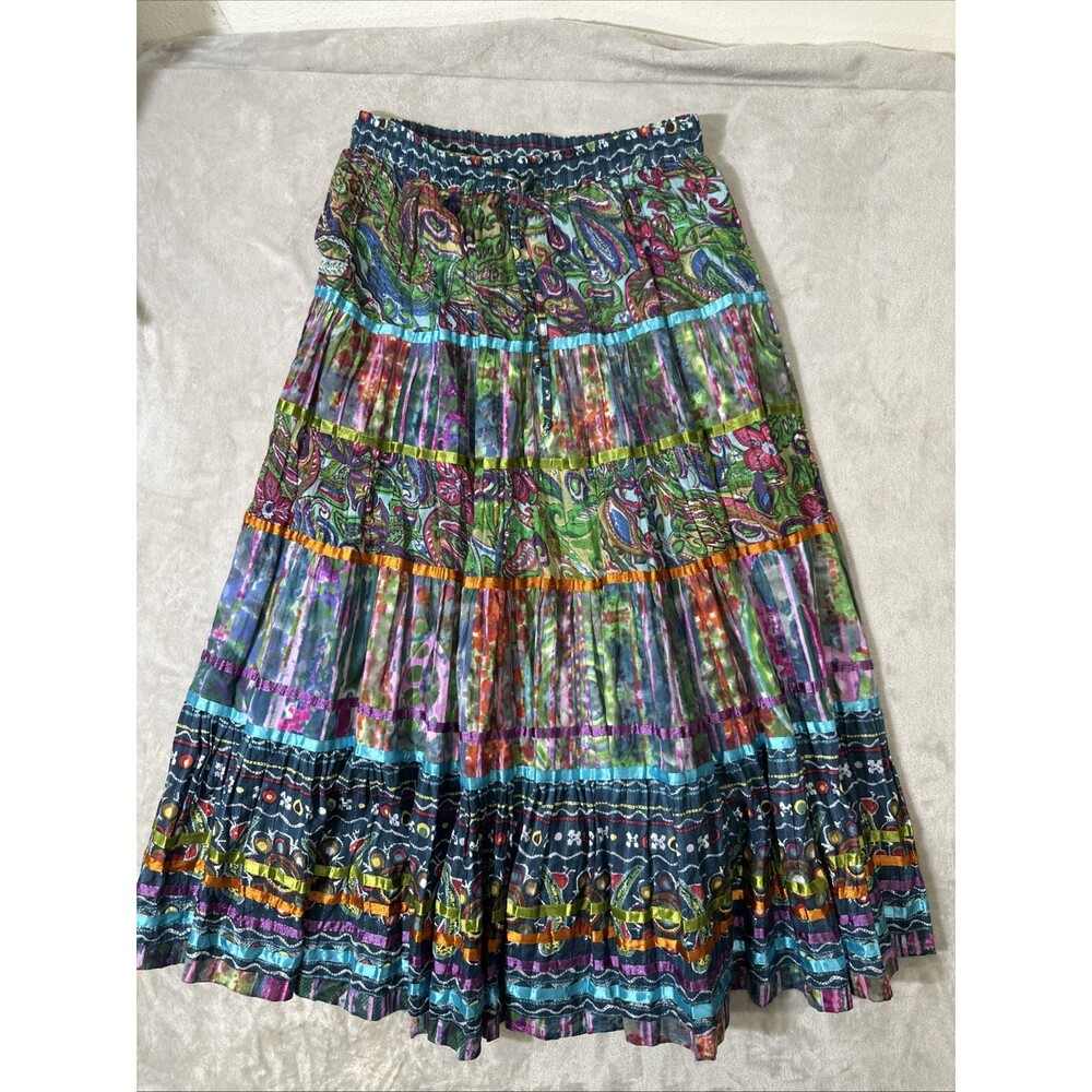 TravelSmith large boho tiered maxi skirt colorful paisley patchwork cotton lined